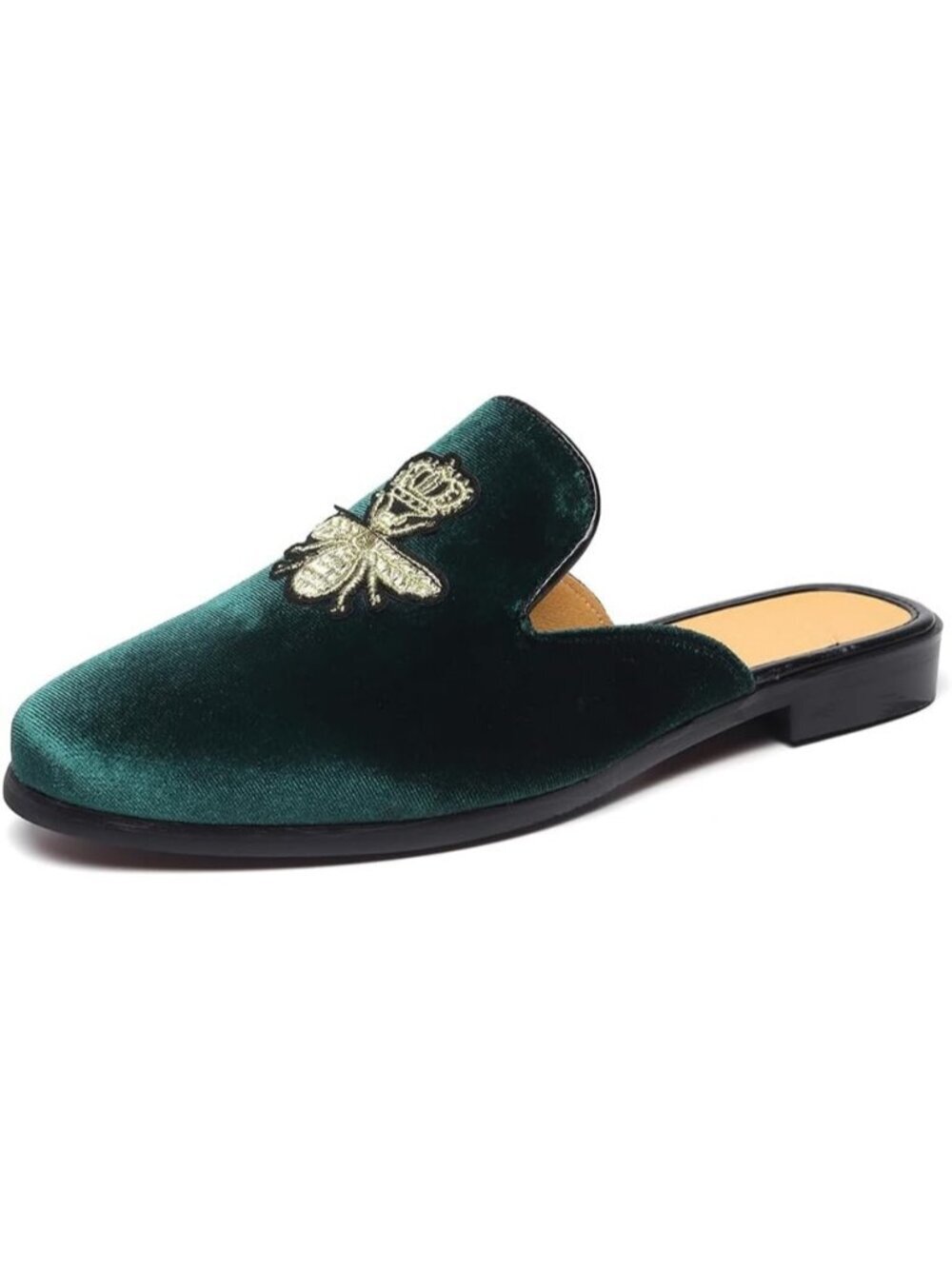 Men's Green Rubber Sole Velvet Leather Crown Embroidery Slip On Loafer Slippers